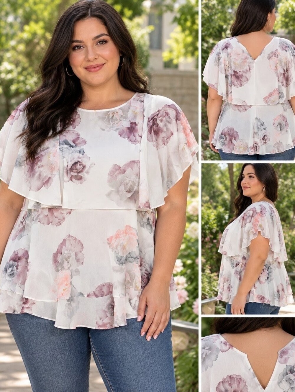 City Chic Rose Bella Floral Chiffon Peplum Blouse Top Size S / 16 Plus Size